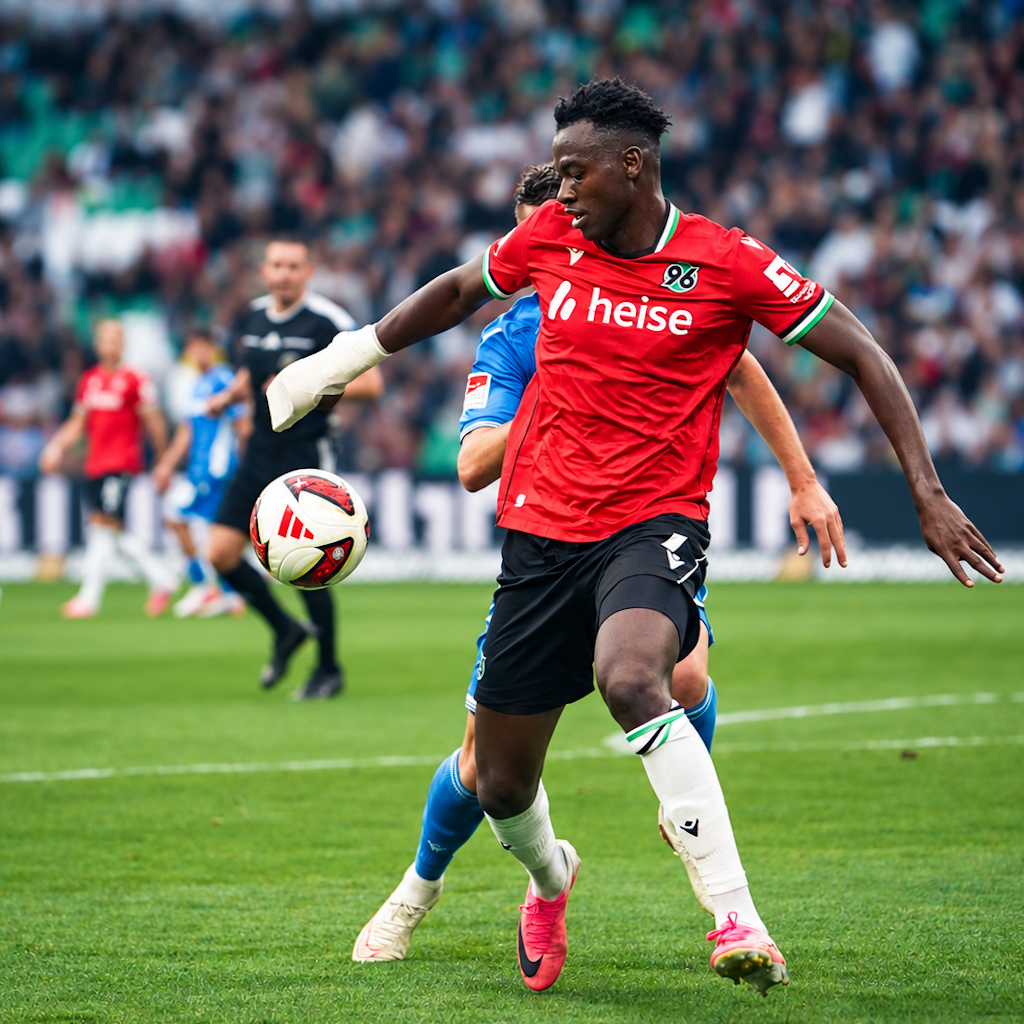 Hannover 96 and Karlsruher SC players contest a high ball during their 2:2 draw in the 2. Bundesliga.