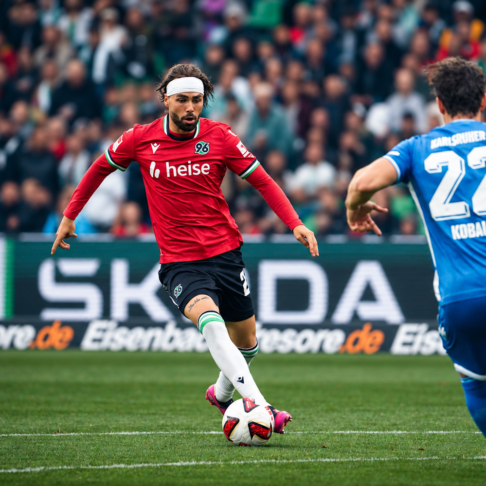 A Hannover 96 player carries the ball against Karlsruher SC during the 2:2 draw at the Heinz von Heiden Arena.
