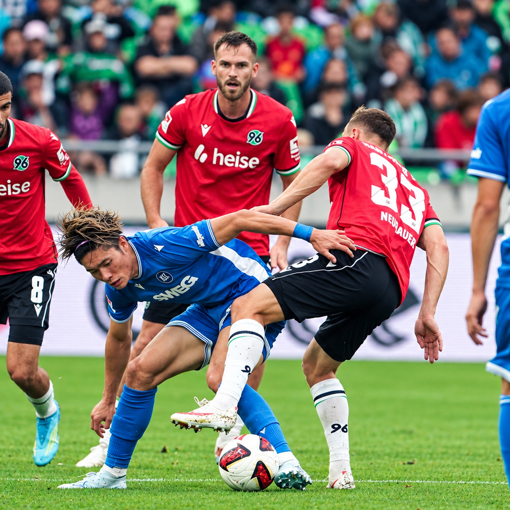 A Karlsruher SC attacker battles between Hannover 96 defenders during the 2. Bundesliga match in Hannover.