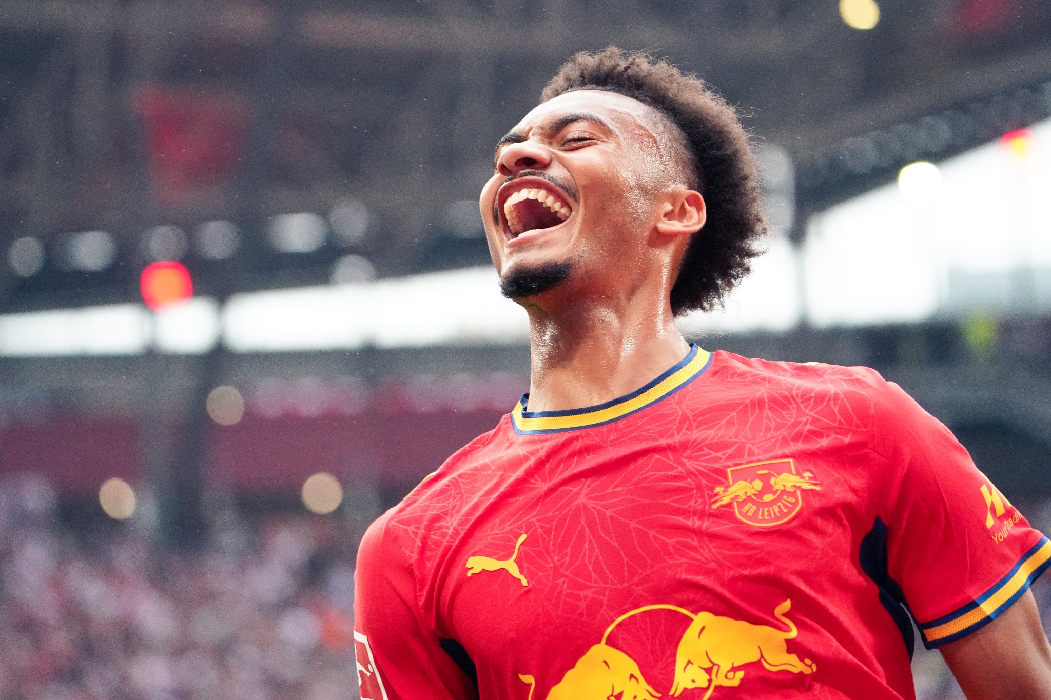 Antonio Nusa celebrates for RB Leipzig during the 5:0 Bundesliga victory over Hamburger SV at the Red Bull Arena.
