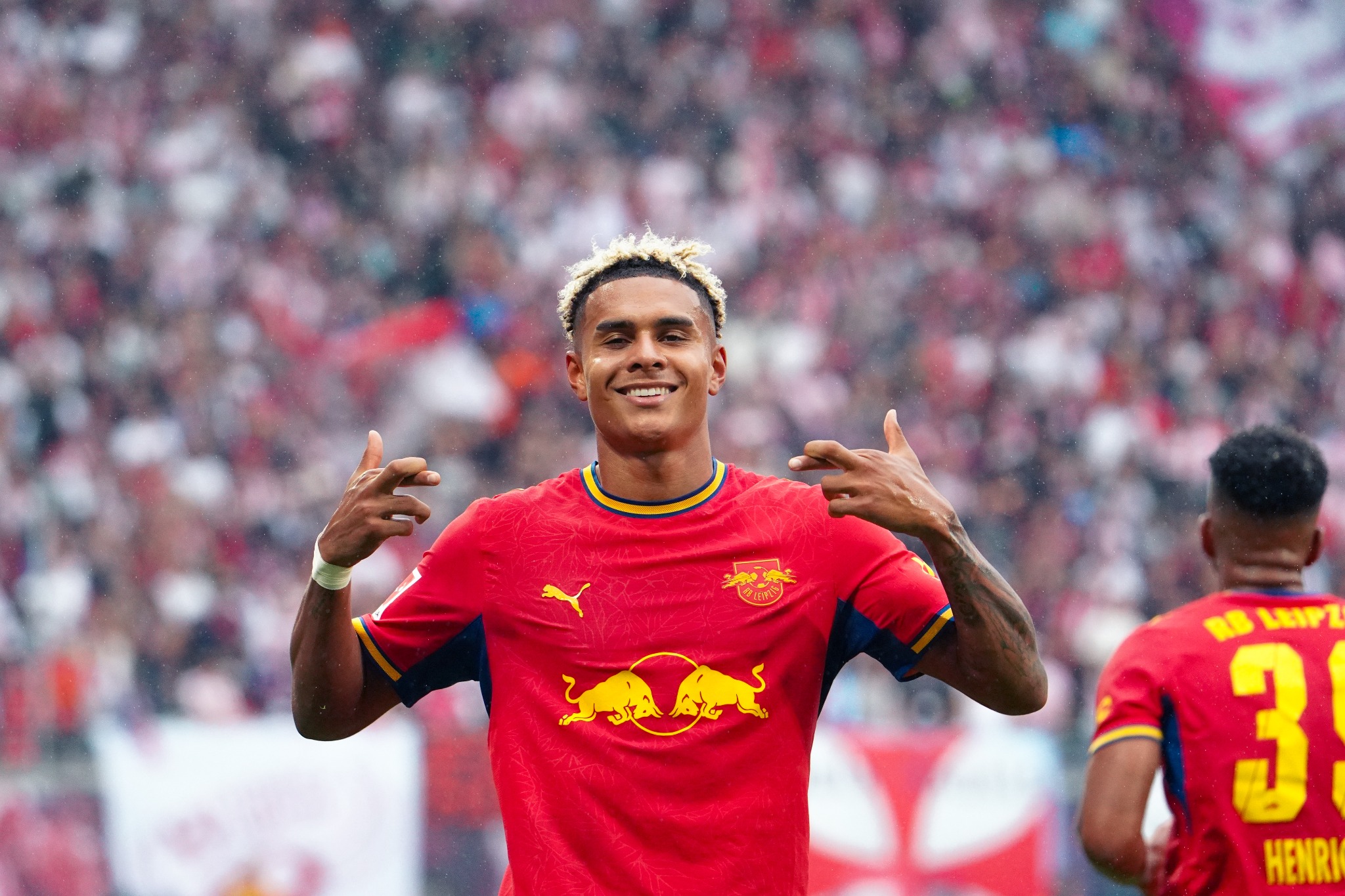 An RB Leipzig player celebrates during the 5:0 home win over Hamburger SV on Bundesliga matchday three.