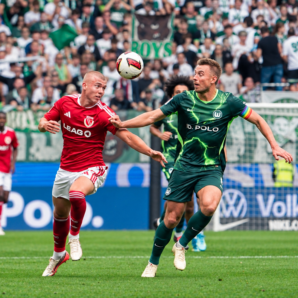 VfL Wolfsburg and Energie Cottbus players challenge for a high ball during their 2. Bundesliga match in Wolfsburg.