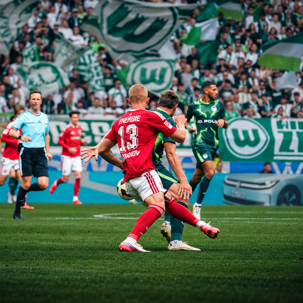 Energie Cottbus close down a VfL Wolfsburg attack during the 4:4 draw in the 2. Bundesliga on 5 September 2026.