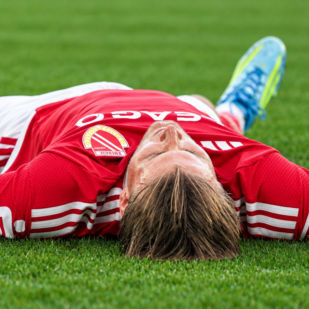 An Energie Cottbus player lies on the pitch after a challenge during the match against VfL Wolfsburg.