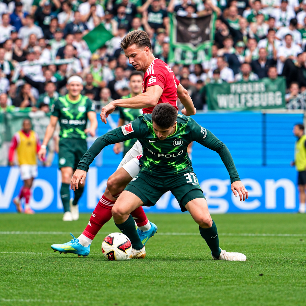 VfL Wolfsburg and Energie Cottbus players contest the ball under pressure during their 4:4 draw at the Volkswagen Arena.